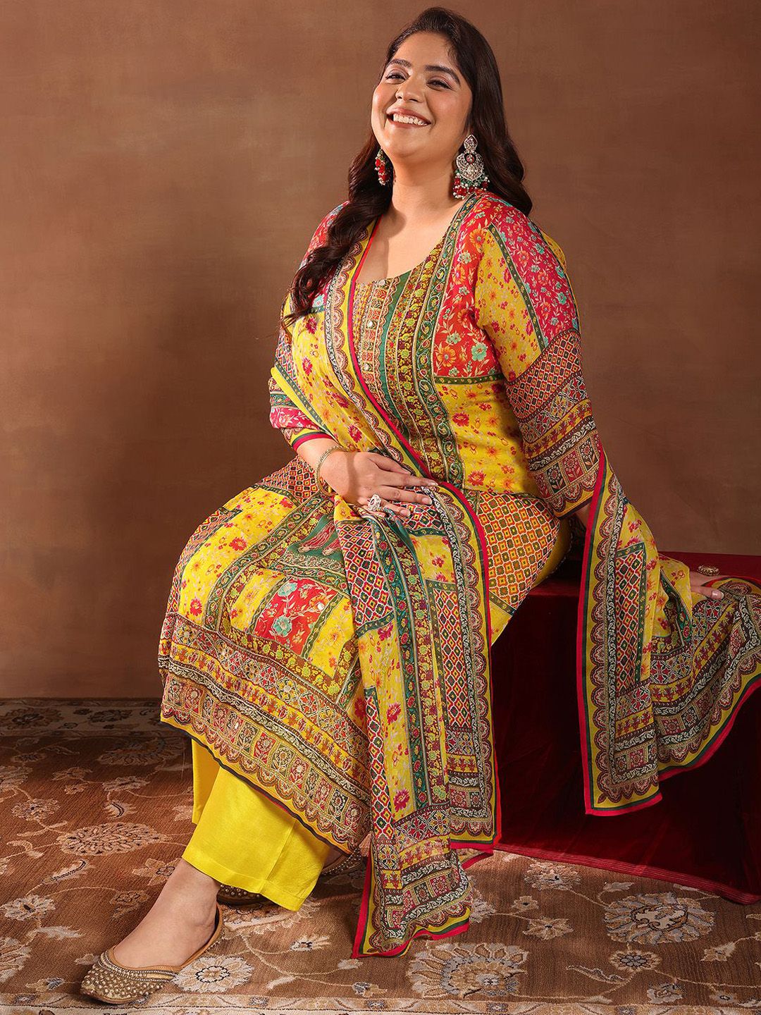 Extra Love By Libas Plus Size Women Ethnic Motifs Printed Kurta with Palazzos & Dupatta