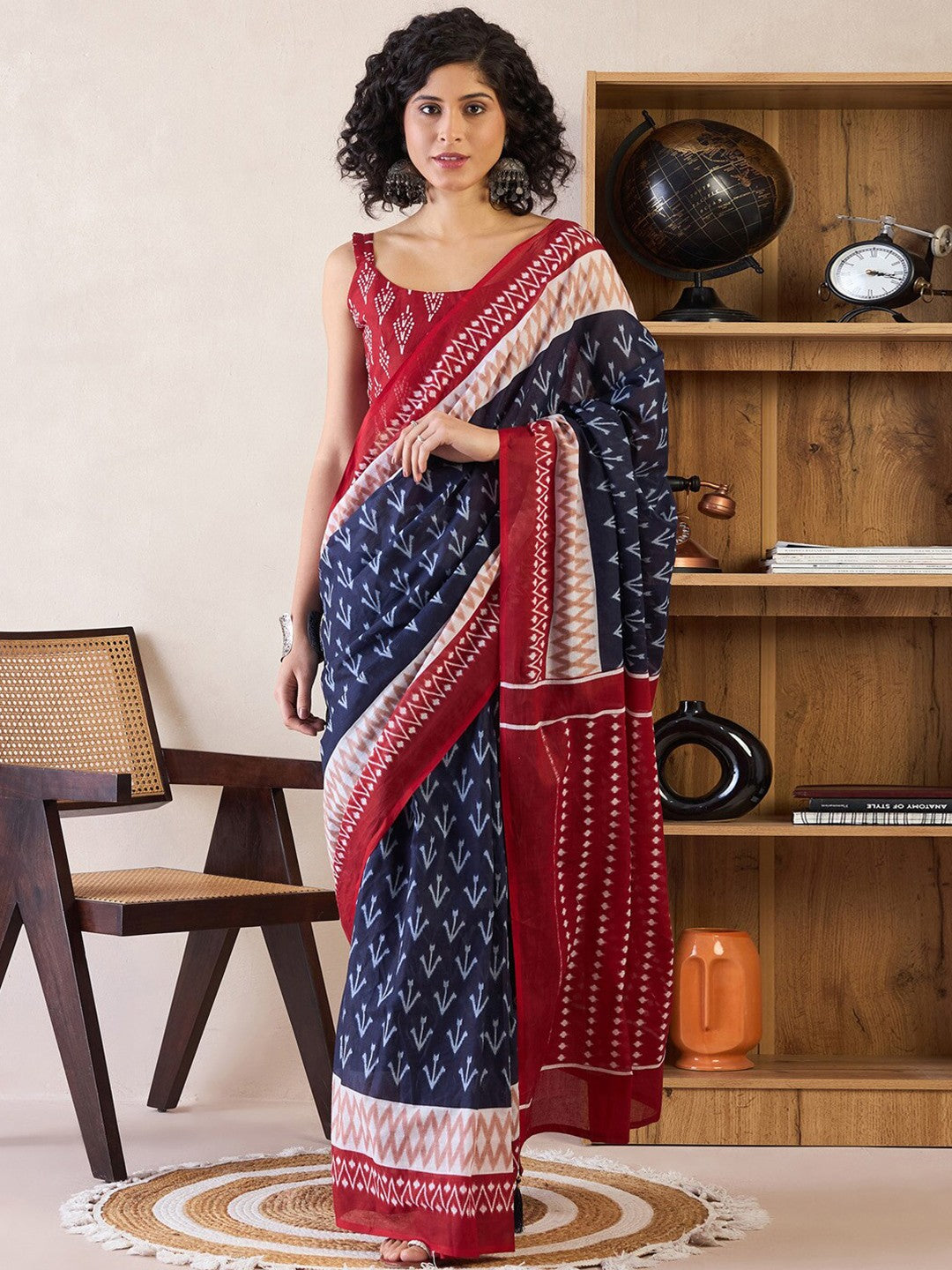 Ethnic Motifs Poly Cotton Ready To Wear Ikat Saree