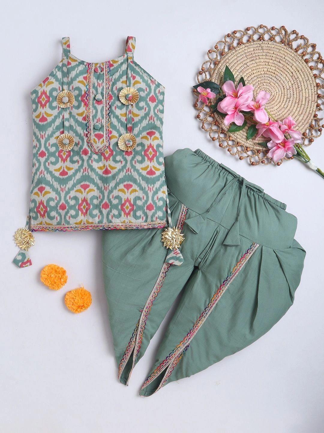Girls Floral Printed Regular Thread Work Pure Cotton Kurta with Dhoti Pants