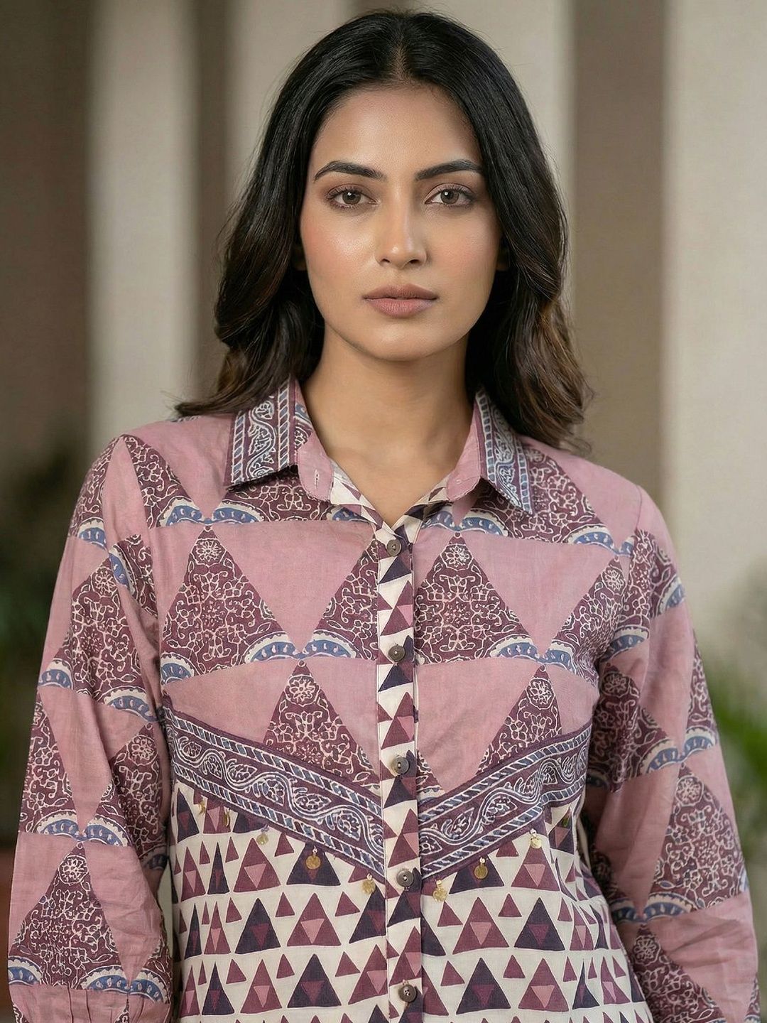 Women Shirt Collar Printed Tunic
