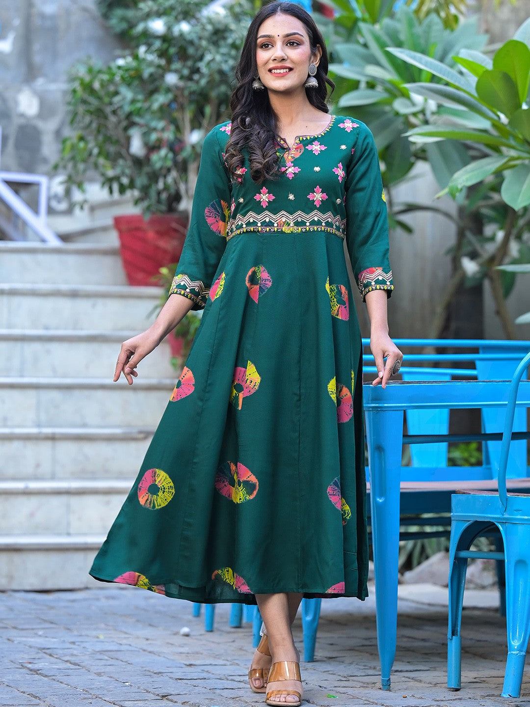 Printed Notched Neck Embroidered Midi A-Line Ethnic Dress