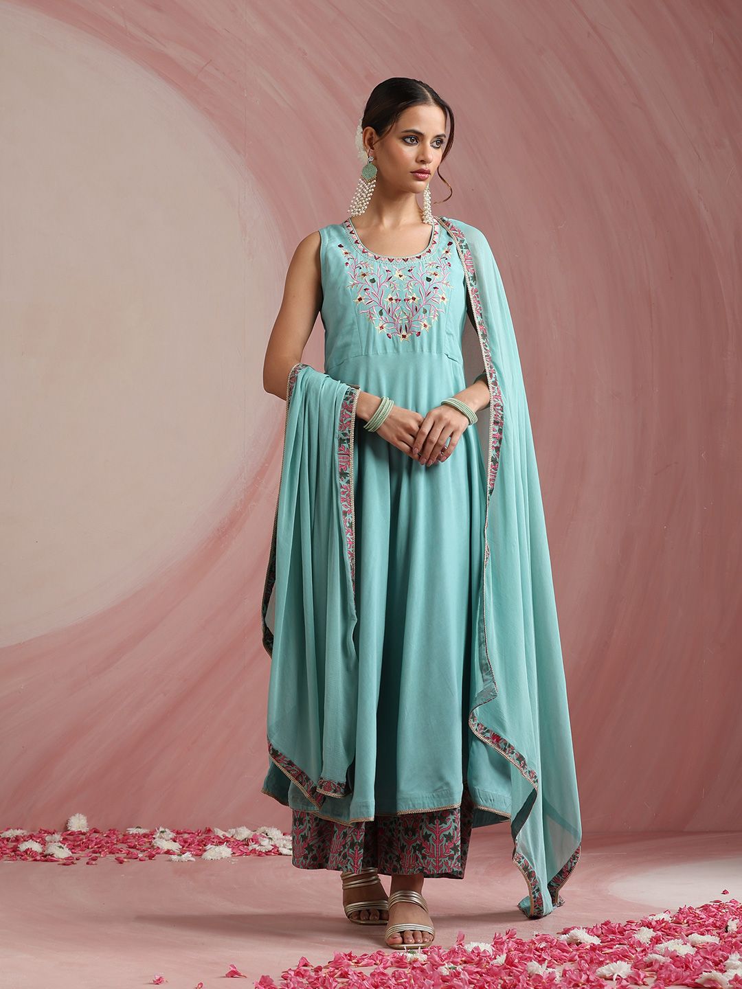 Women Floral Embroidered A-Line Kurta with Palazzos & Dupatta