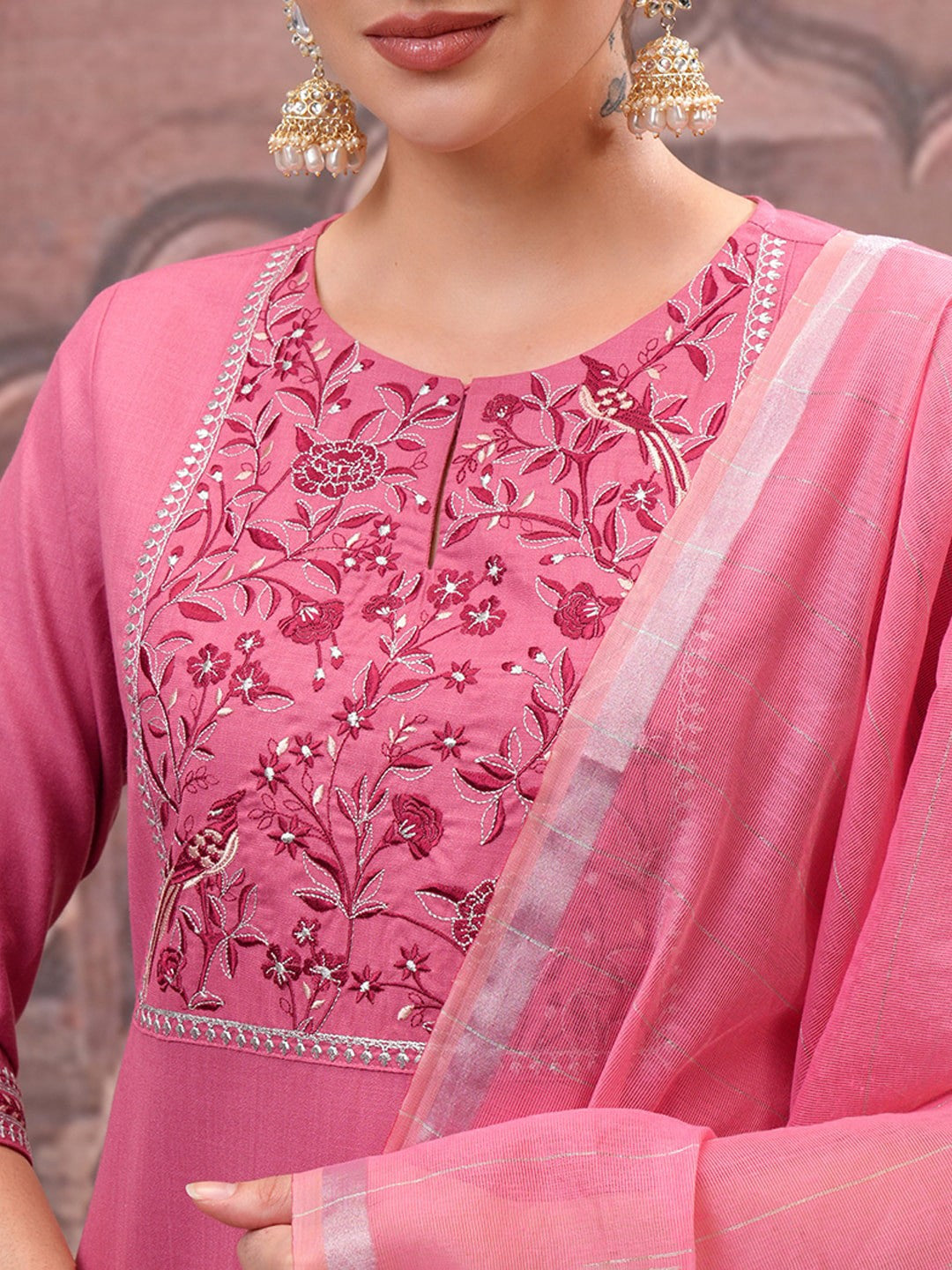 Rose Embroidered Straight Kurta with Trouser & Dupatta