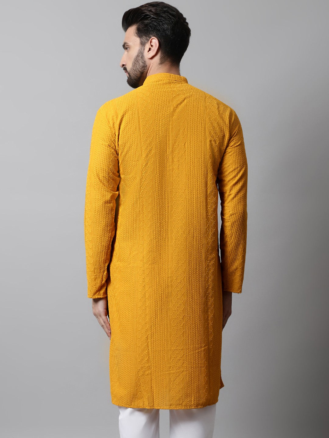 Men Mustard Yellow Embroidered Pure Cotton Kurta