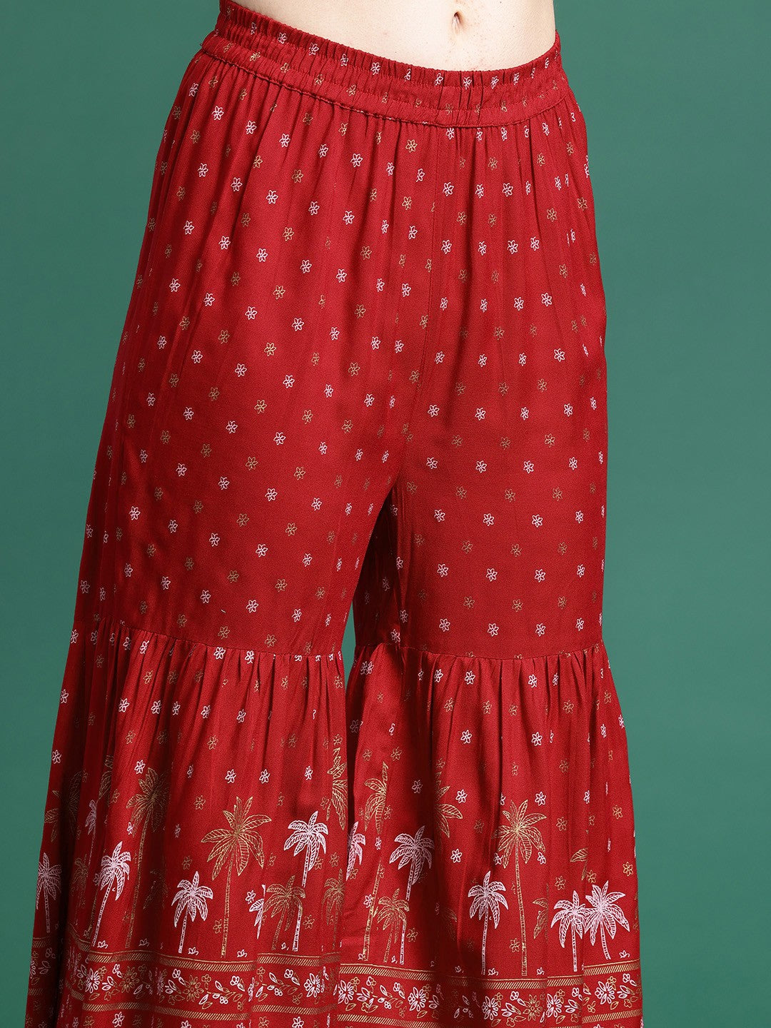 Women Floral Foil Printed Empire Kurta with Sharara & Dupatta