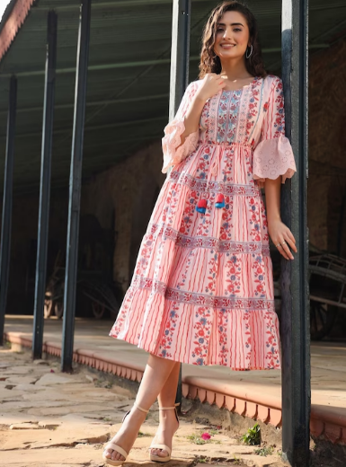 Pink & Blue Floral Printed Cotton Bell Sleeves Tiered Midi Dress