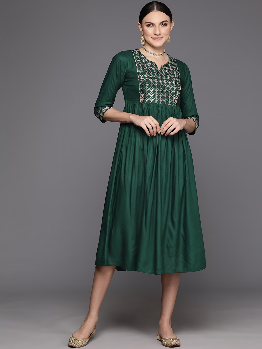 Green & Olive Green Embroidered A-Line Midi Dress