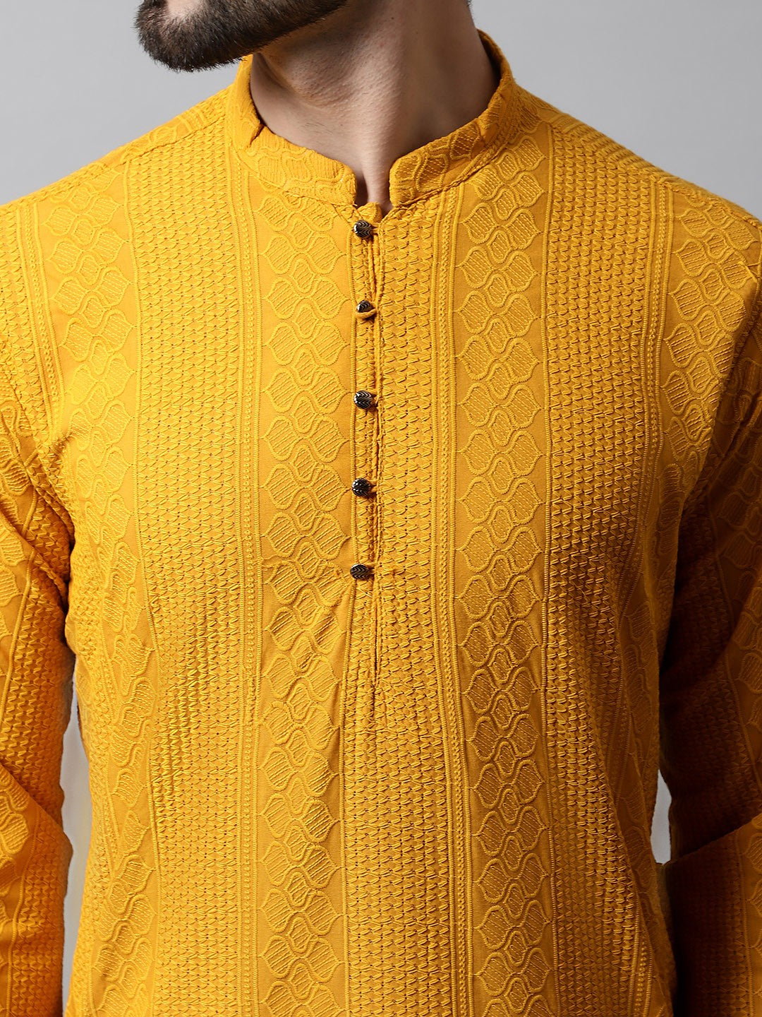 Men Mustard Yellow Embroidered Pure Cotton Kurta