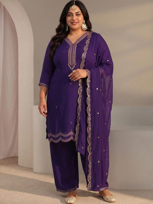Women Ethnic Motifs Embroidered Regular Sequinned Chanderi Silk Kurta with Trousers &