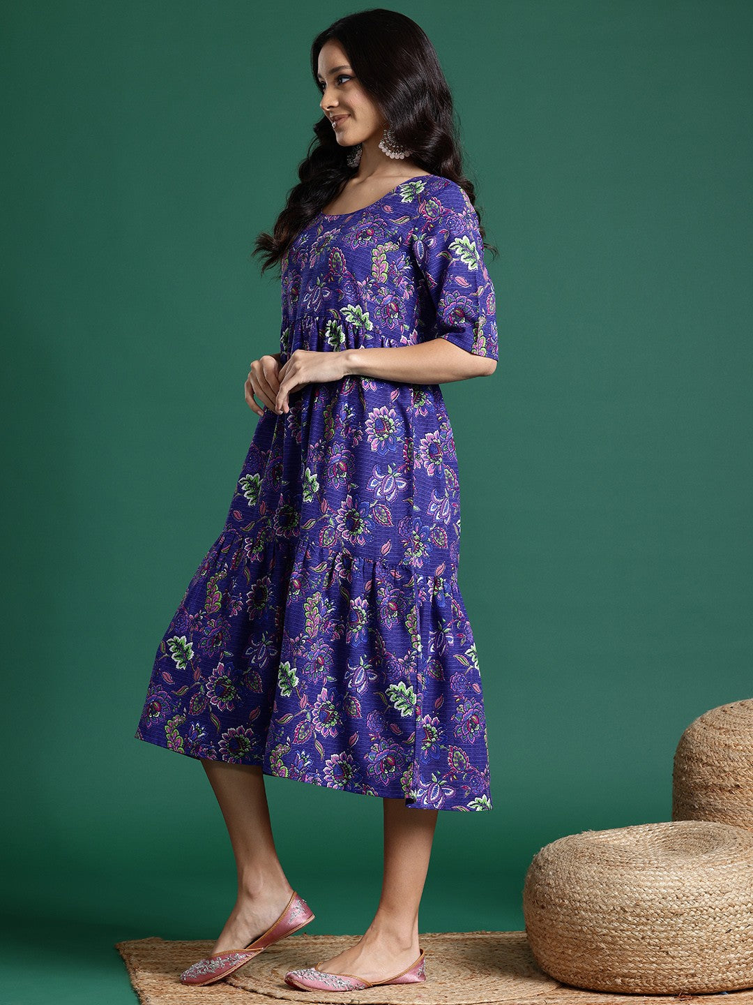 Floral Print Tiered Midi Ethnic Dress