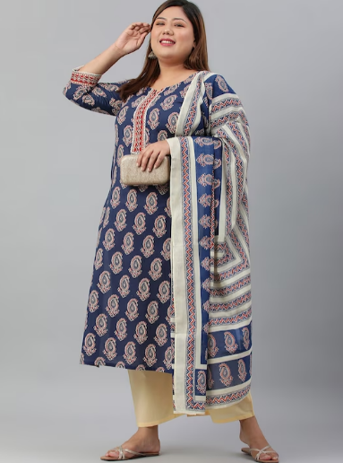 Women Plus Size Blue Printed Indigo Pure Cotton Kurta with Palazzo & Dupatta