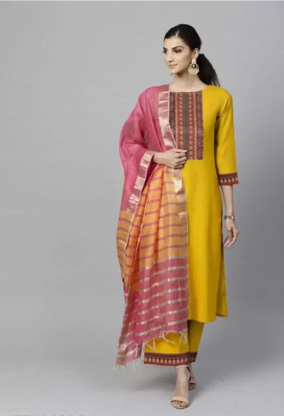 Women Kurta Pant And Dupatta Set Cotton Blend