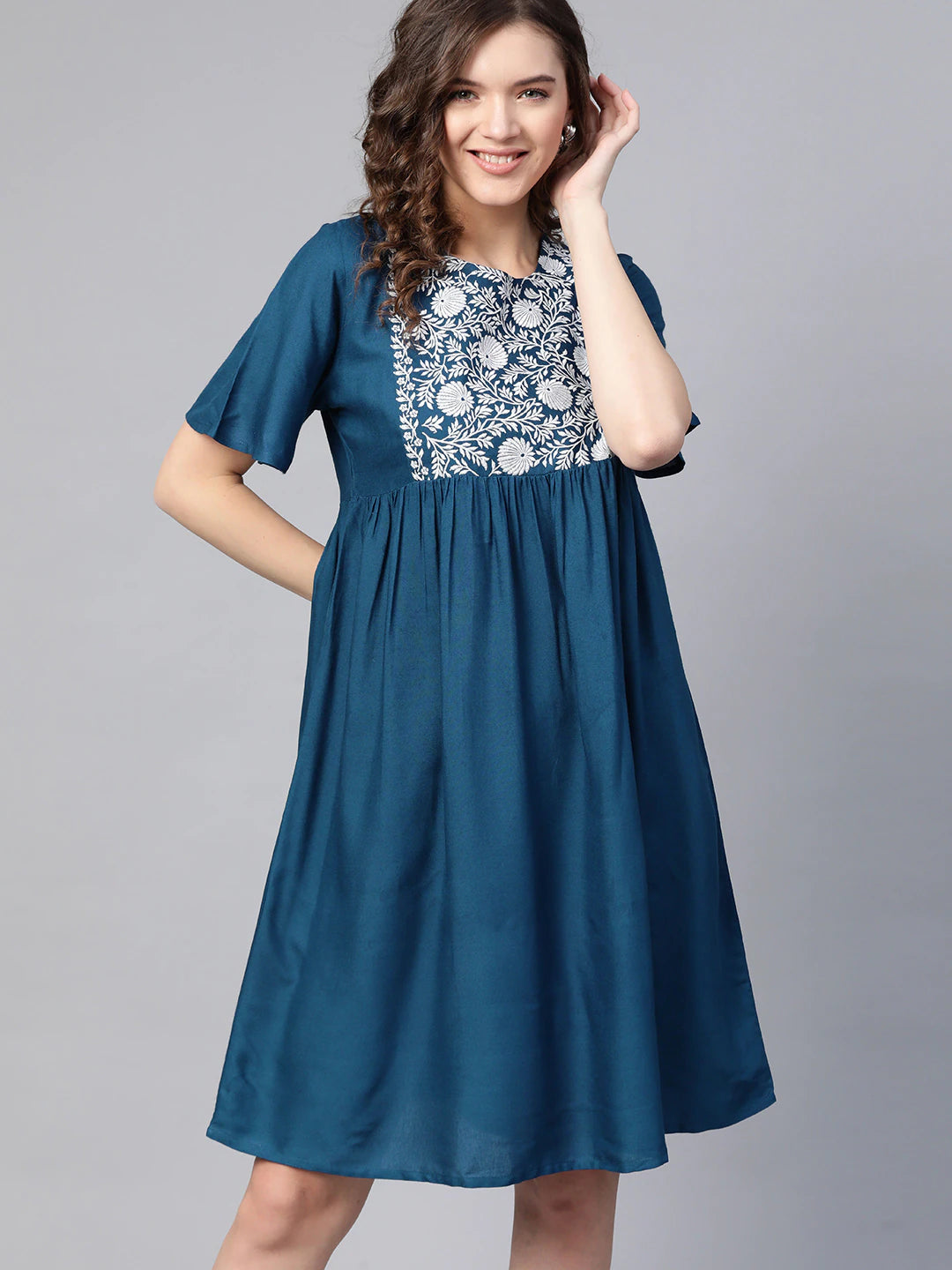 Navy Blue & Off White Ethnic Motifs A-Line Dress
