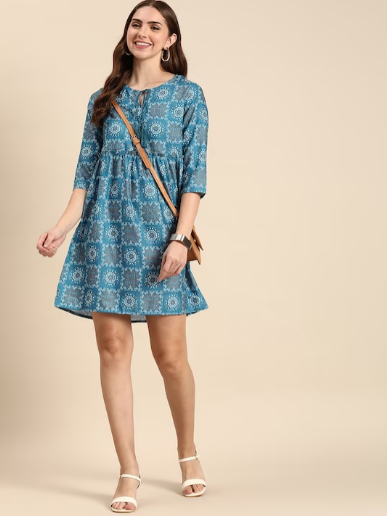 Ethnic Motifs Print Tie-Up Neck A-Line Dress