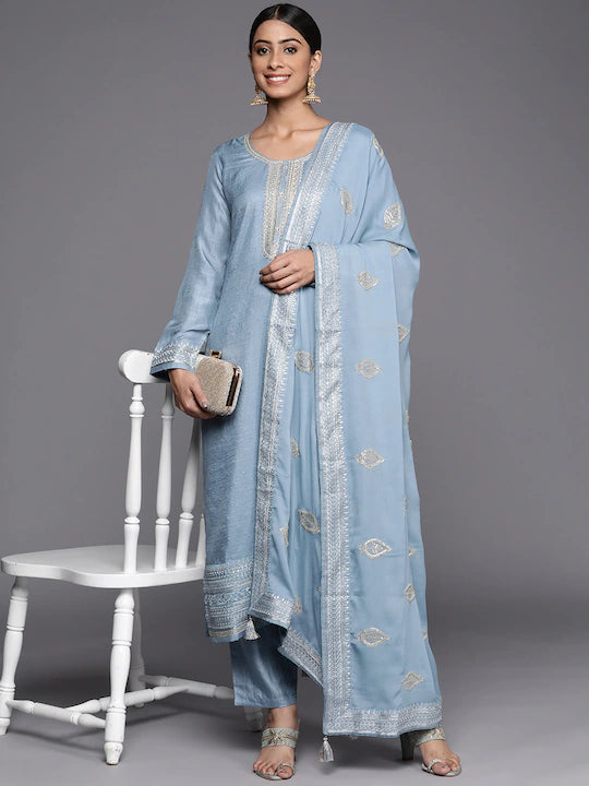 Women Blue Ethnic Motifs Yoke Design Sequinned Kurta Set