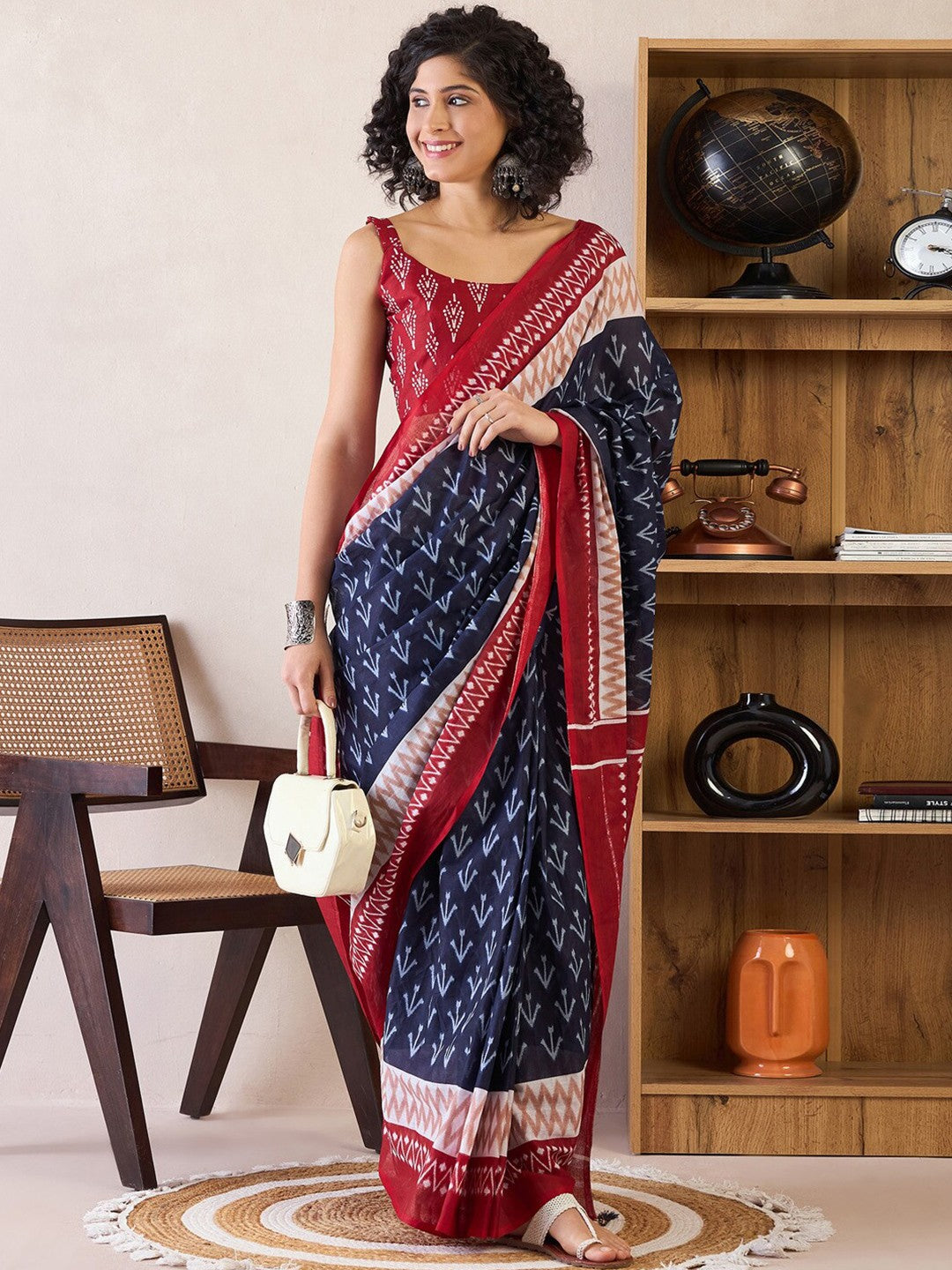 Ethnic Motifs Poly Cotton Ready To Wear Ikat Saree