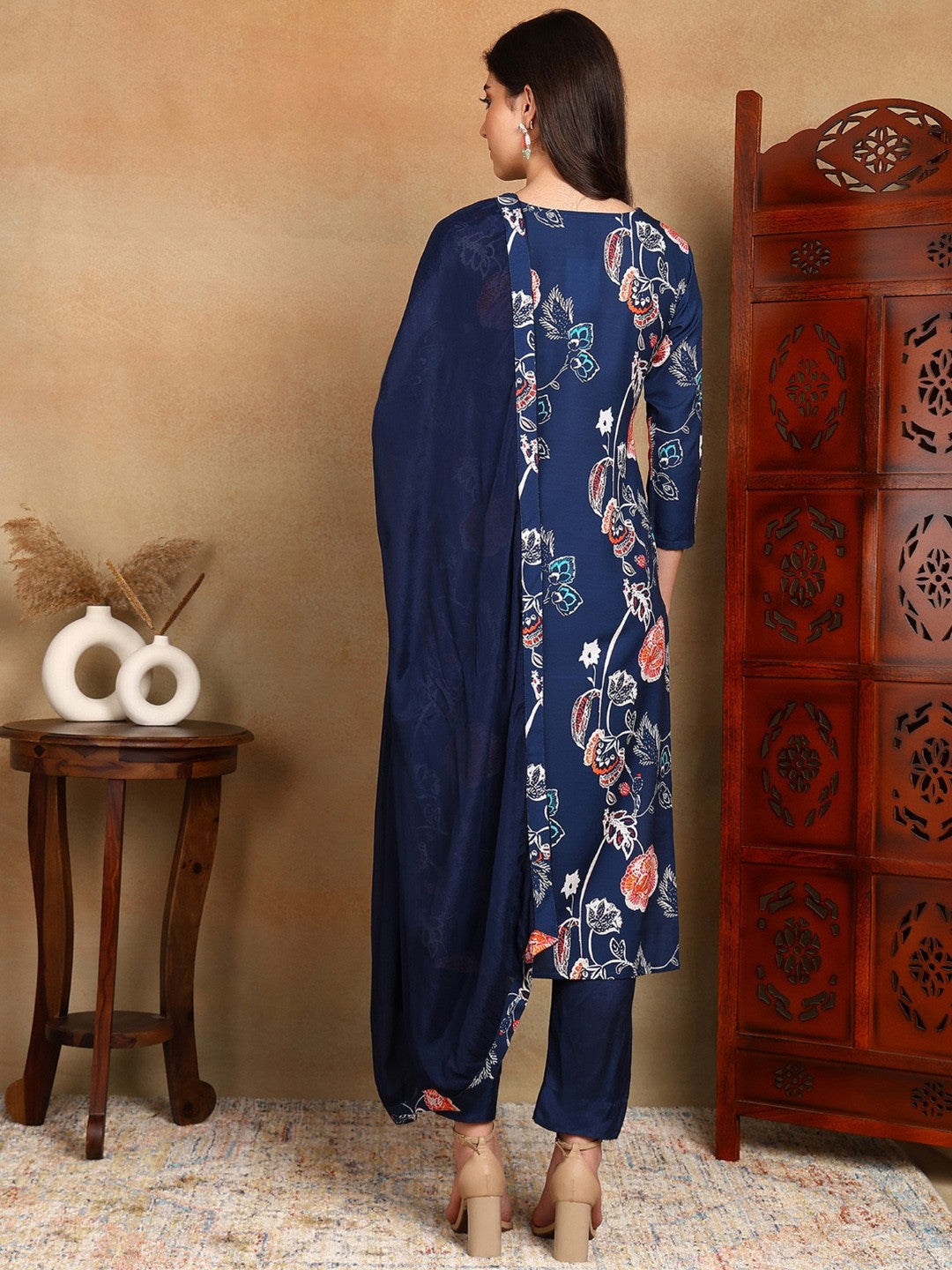 Navy Blue Floral Printed Zari Work Straight Kurta With Trousers & Dupatta
