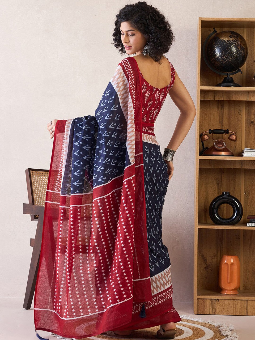 Ethnic Motifs Poly Cotton Ready To Wear Ikat Saree