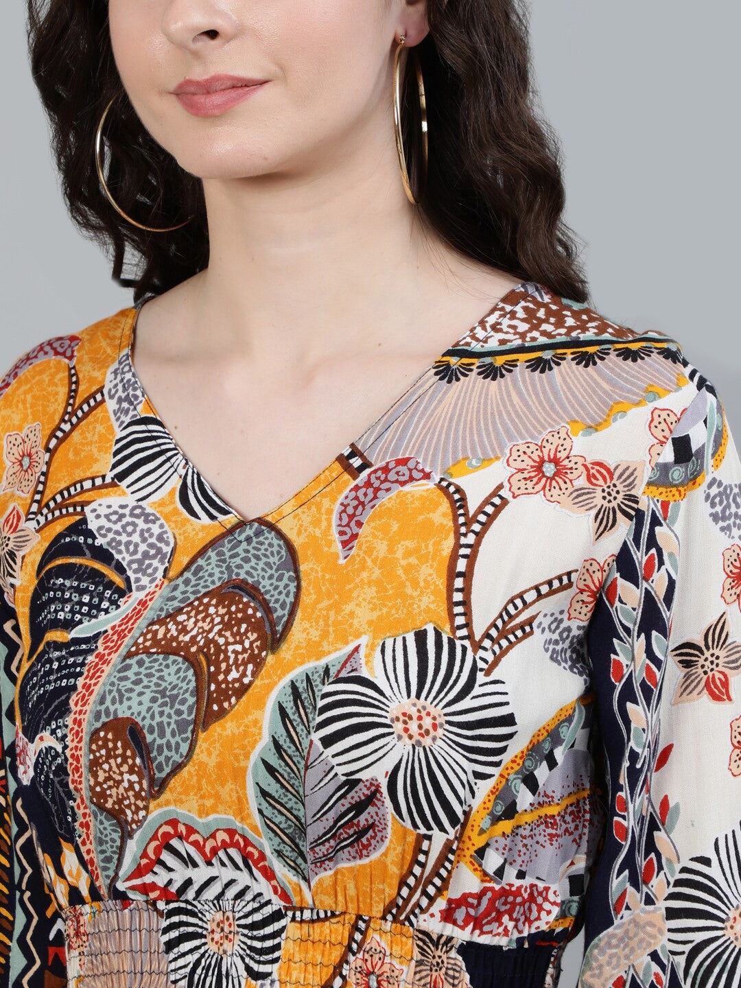 Multicoloured Tropical Print Fit and Flare Dress