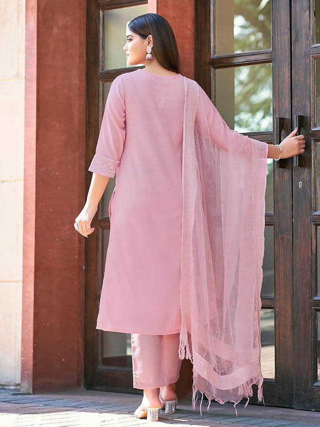 Women's Cotton Blend Embroidery Straight Kurta with Pant and Self Woven Dupatta