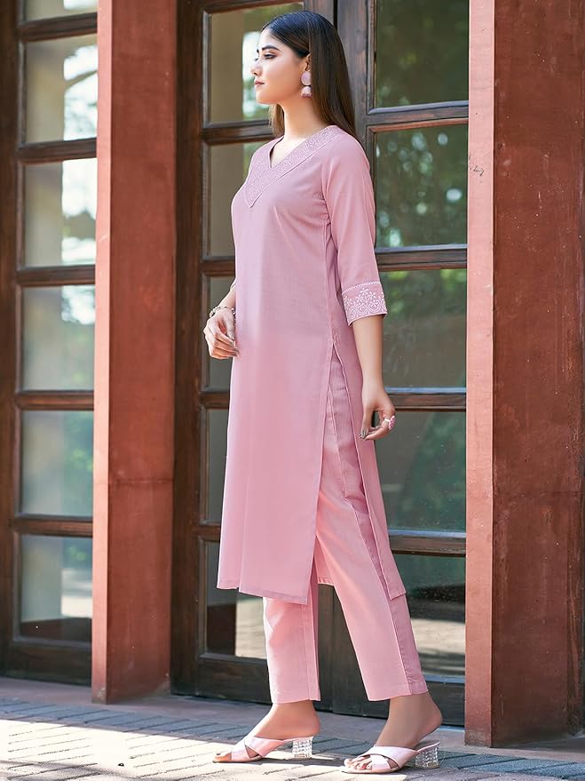 Women's Cotton Blend Embroidery Straight Kurta with Pant and Self Woven Dupatta