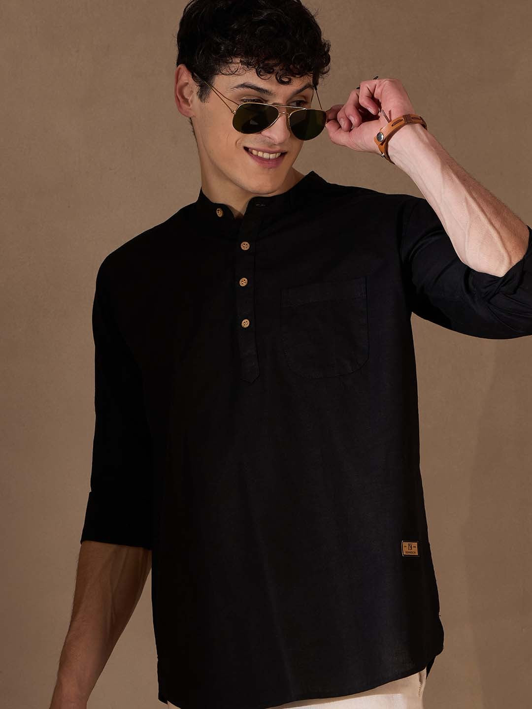 Men Black Cotton Kurta