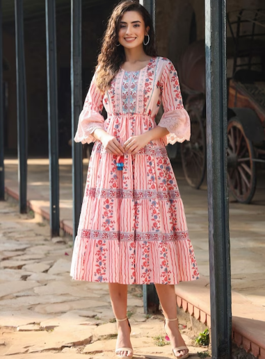Pink & Blue Floral Printed Cotton Bell Sleeves Tiered Midi Dress