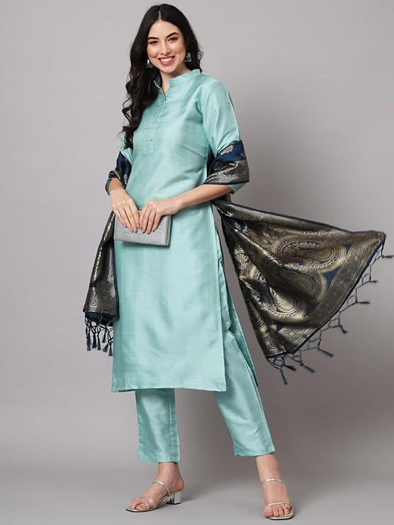 Women's Cotton Silk Blend Straight Kurta with Trouser Pant & Banarasi Silk Dupatta