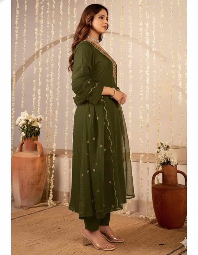 Women Embroidery Solid Anarkali Kurta and Pant Set with Dupatta