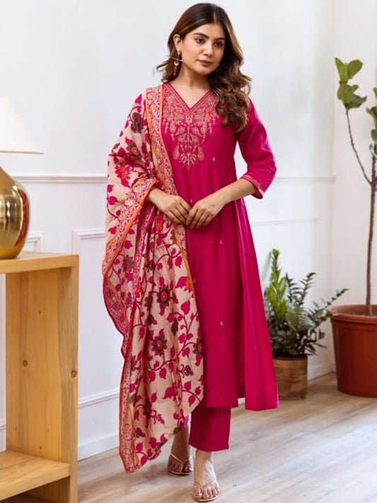 Women Silk Embroidered Kurta and Pant Set with Dupatta