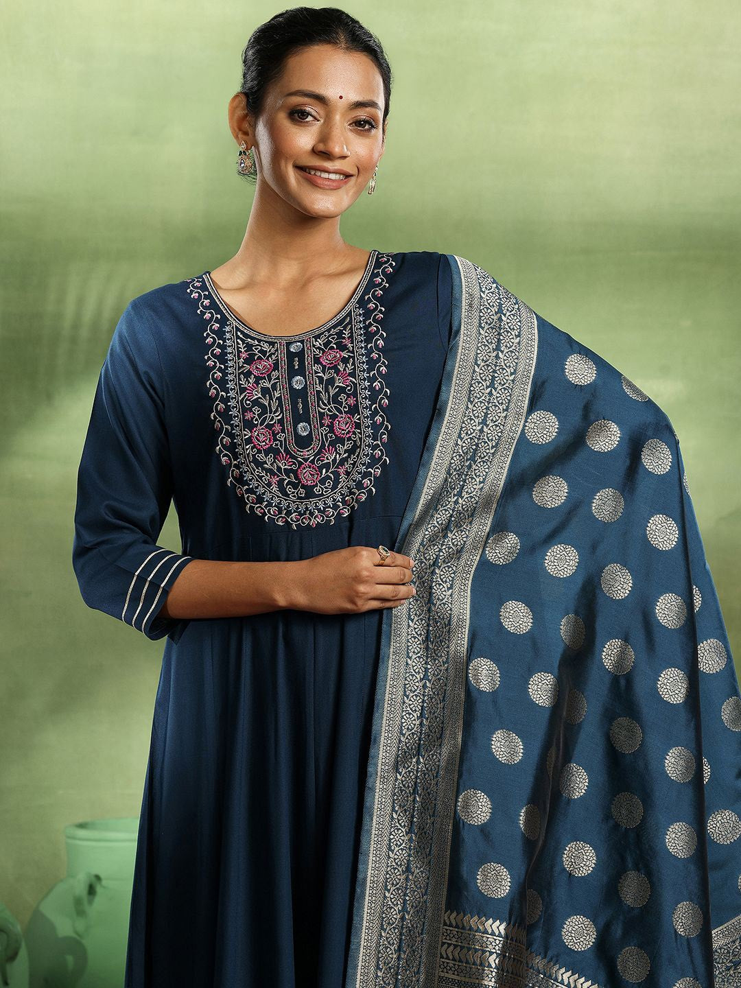 Womens Navy Blue Yoke Design Viscose Anarkali Kurta With Trousers & Dupatta