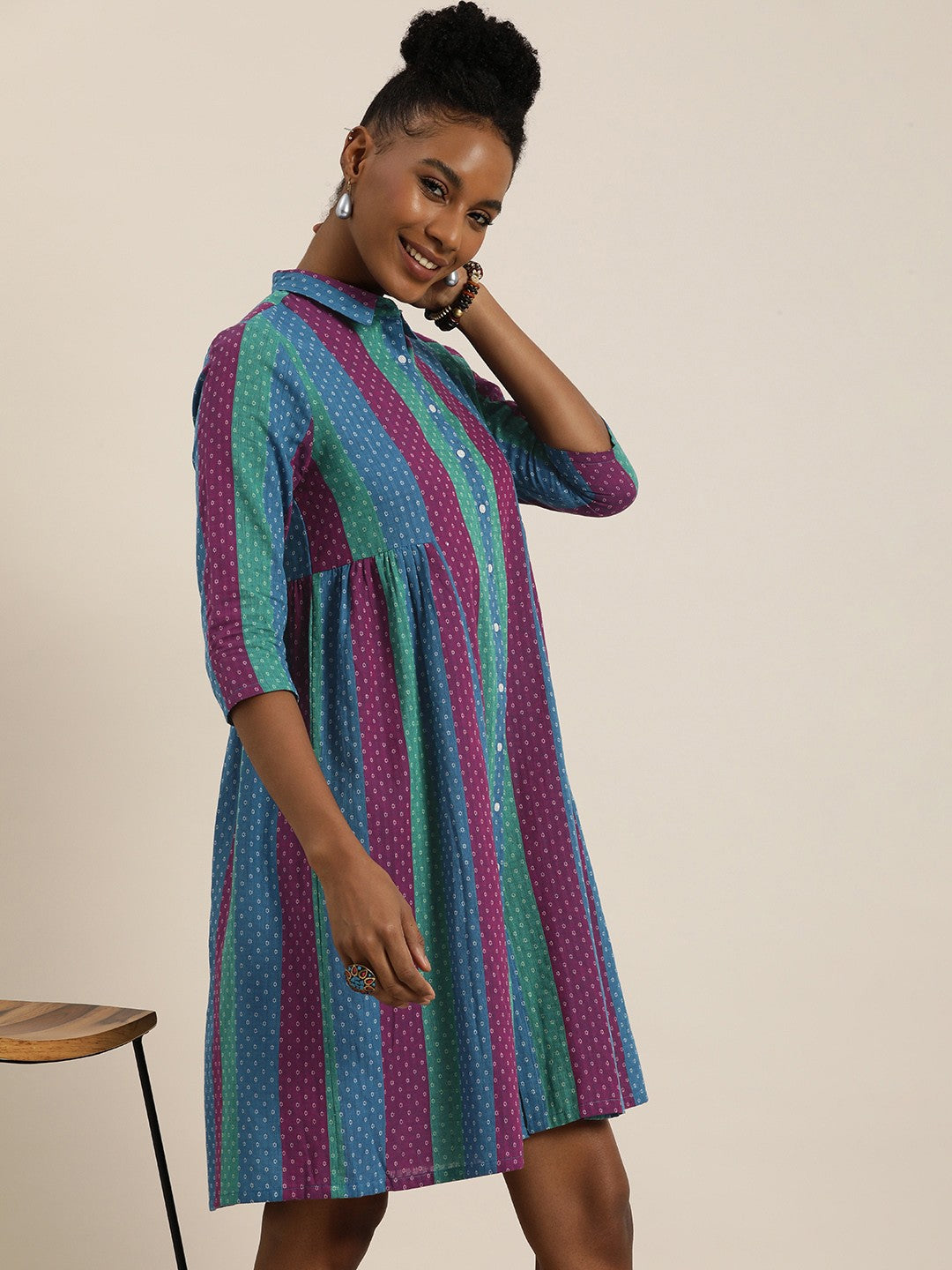 Woven Legacy Striped & Floral Micro-Ditsy Pure Cotton Shirt Stytle Ethnic Dress