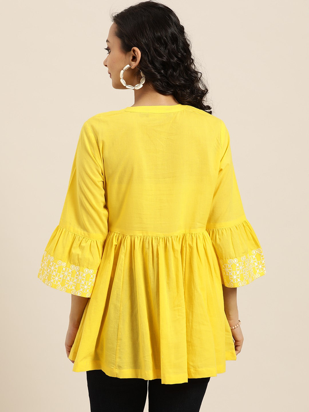 Women Yellow Mandarin Collar Bell Sleeves Pure Cotton Top