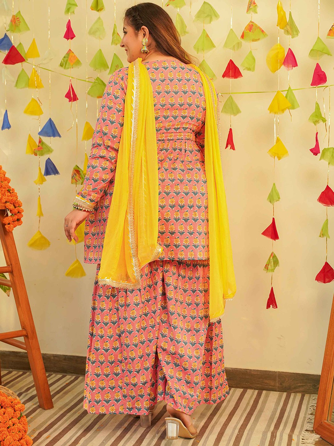 Ethnic Motifs Printed V-Neck Angrakha Pure Cotton A-Line Kurti Set