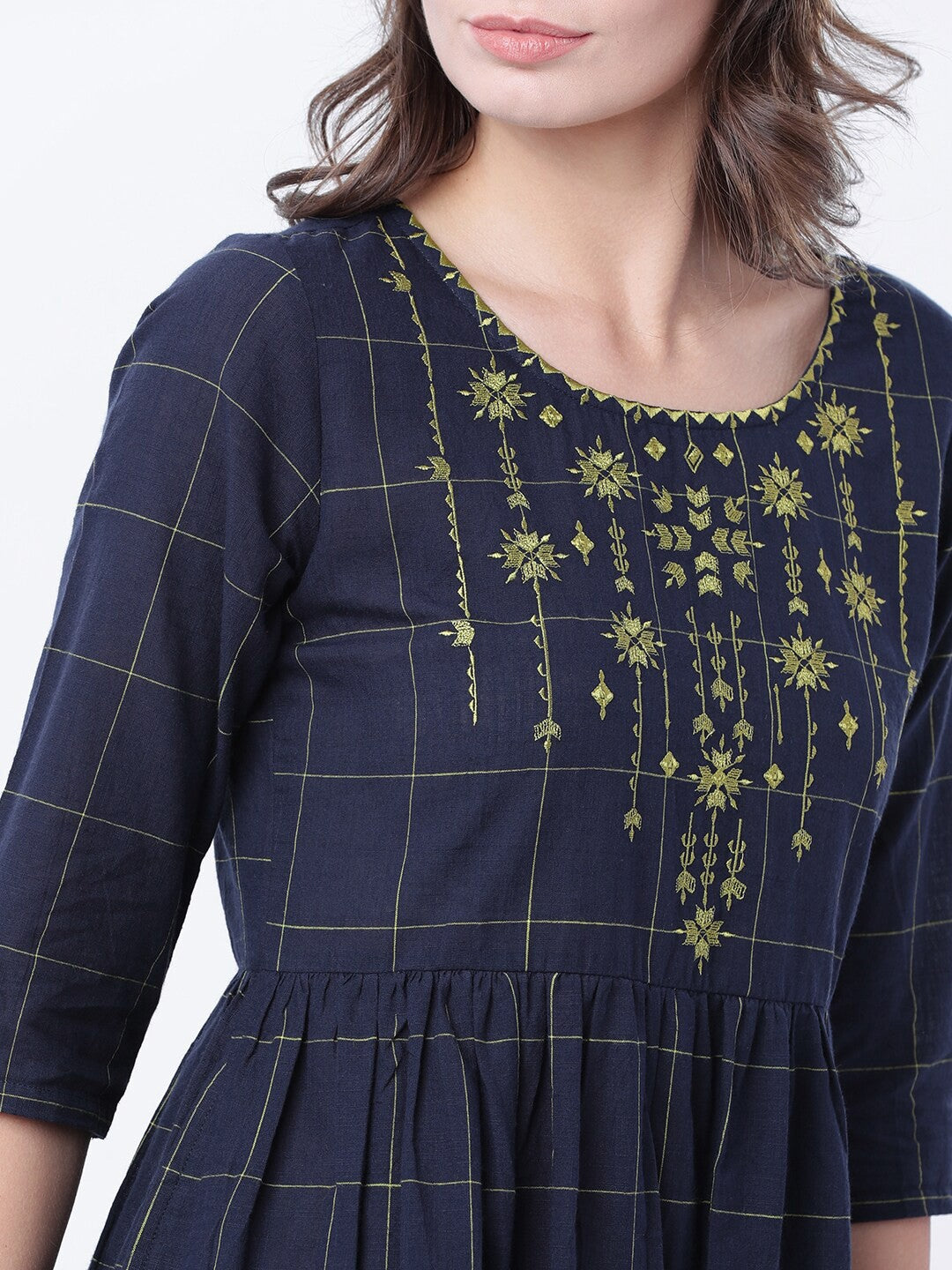 Women Navy Blue Checked Empire Dress