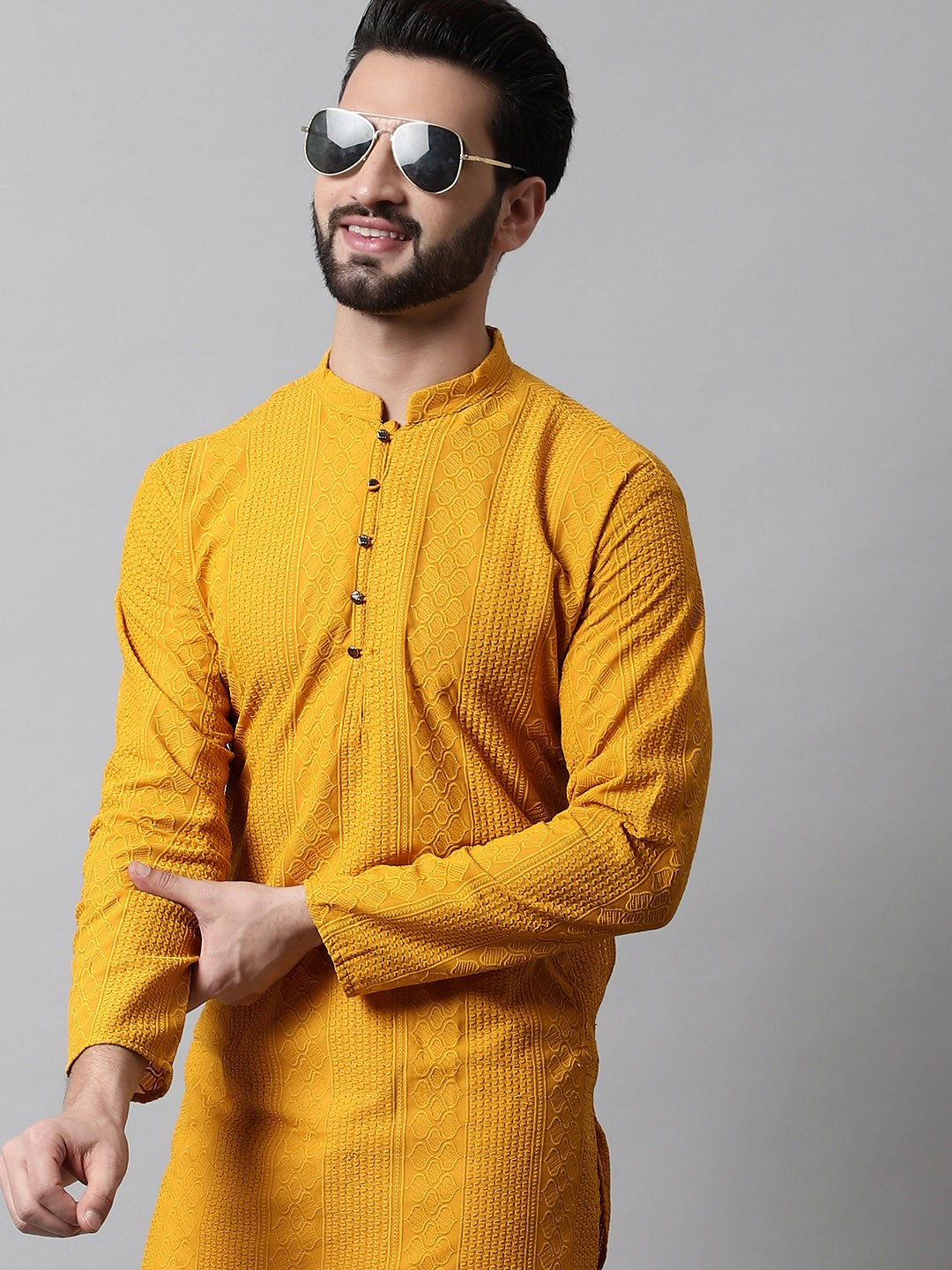 Men Mustard Yellow Embroidered Pure Cotton Kurta