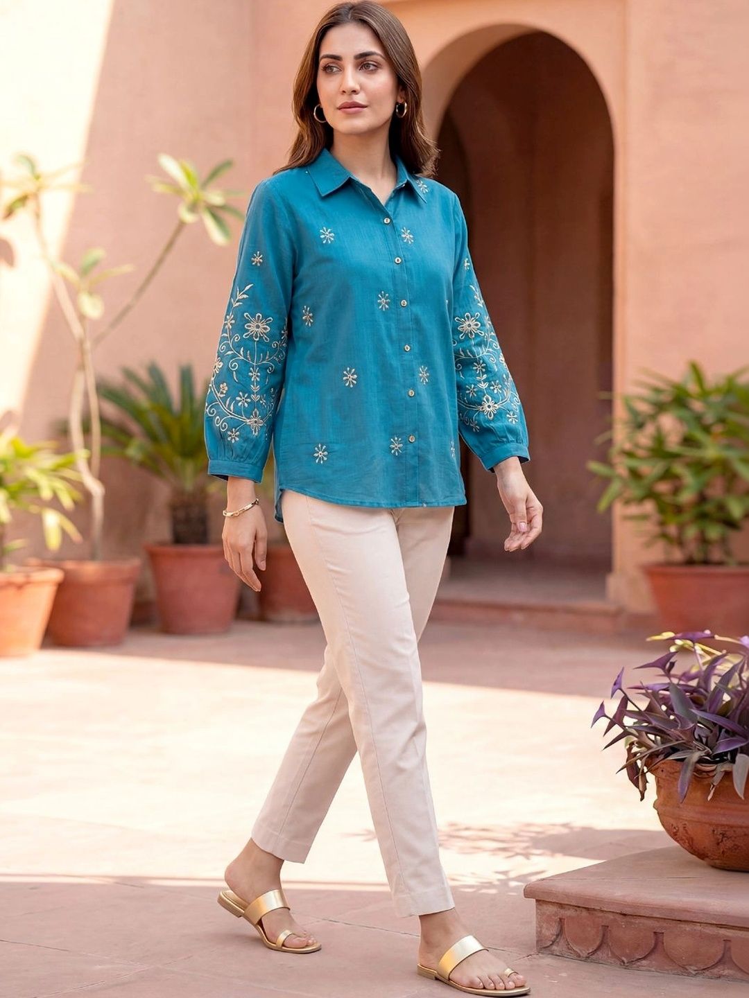 Women Shirt Collar Embroidered Ethnic Tunic
