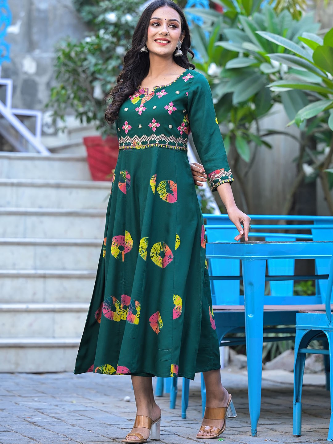 Printed Notched Neck Embroidered Midi A-Line Ethnic Dress
