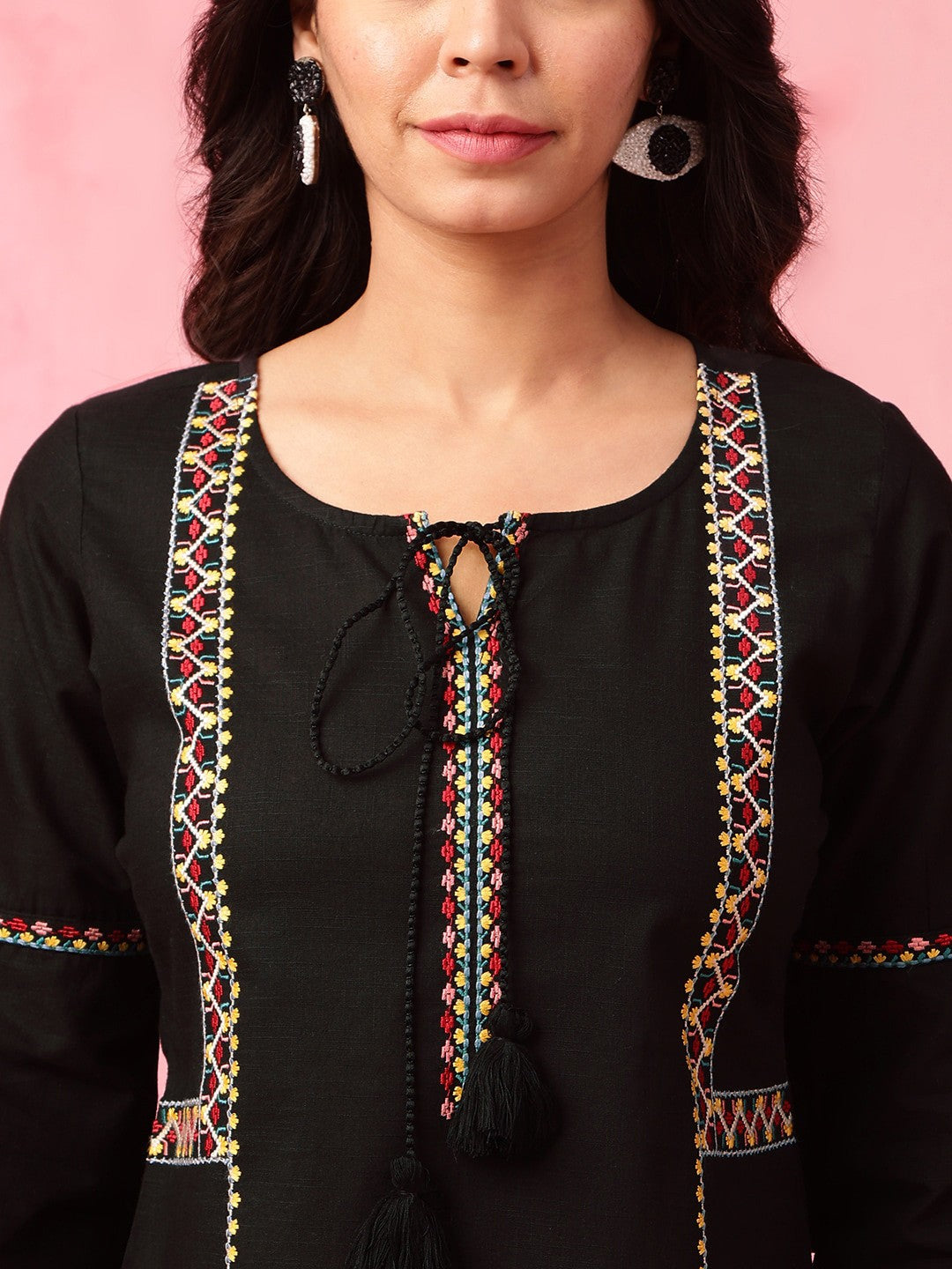 Black Geometric Embroidered Tie Up Neck Pure Cotton Kurti