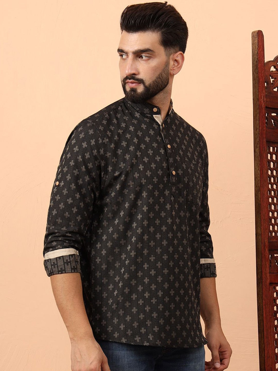 Ethnic Motifs Printed Mandarin Collar Cotton Short Kurta