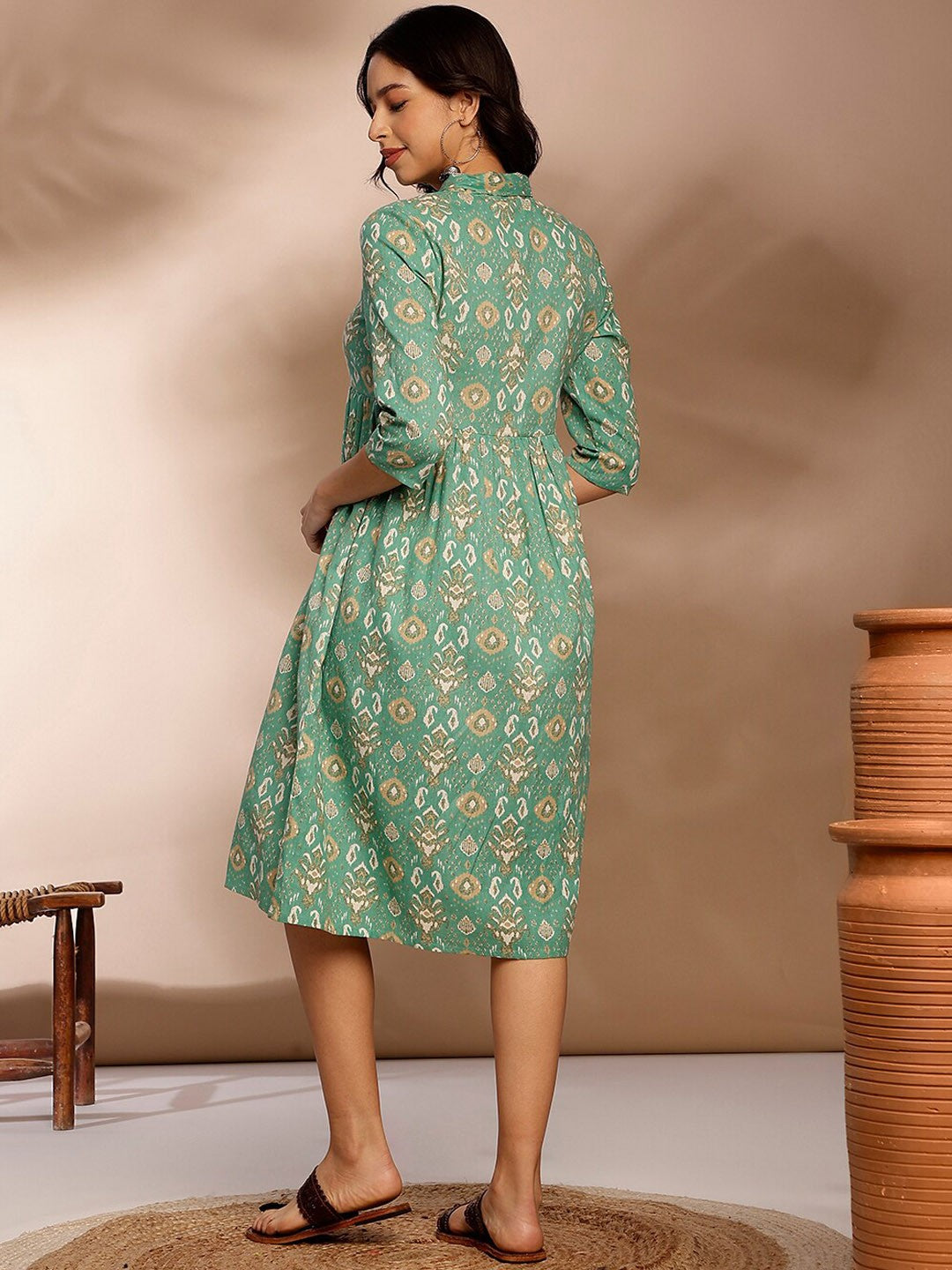Blue Ethnic Motifs Printed Gathered Detailed Pure Cotton Fit & Flare Ethnic Dress