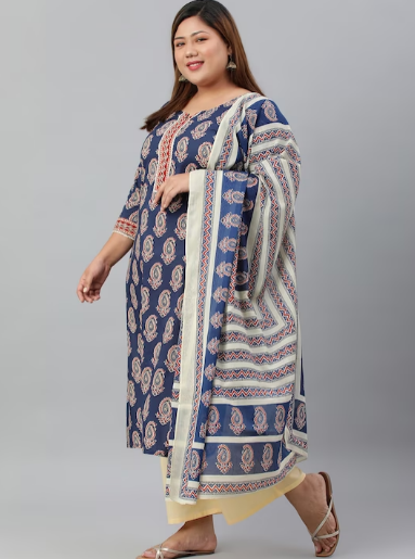 Women Plus Size Blue Printed Indigo Pure Cotton Kurta with Palazzo & Dupatta