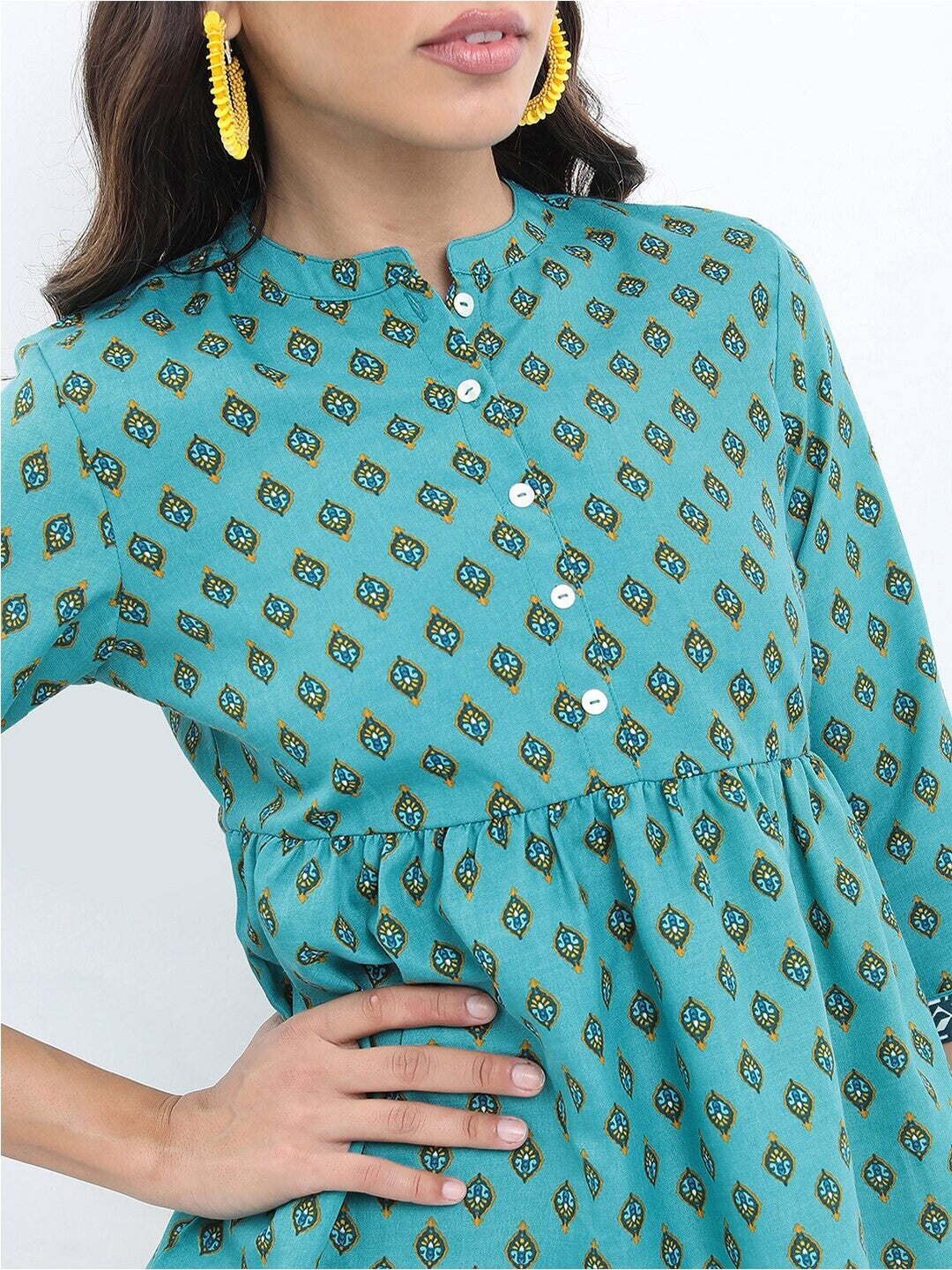 Ethnic Motifs Printed Mandarin Collar Empire Top