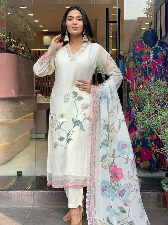 Women's Premium Organza Embroidered Straight Kurta with Viscose Rayon Pant and Premium Organza Printed Dupatta Sets