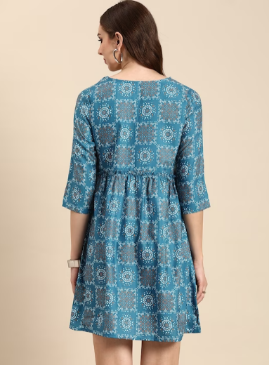 Ethnic Motifs Print Tie-Up Neck A-Line Dress