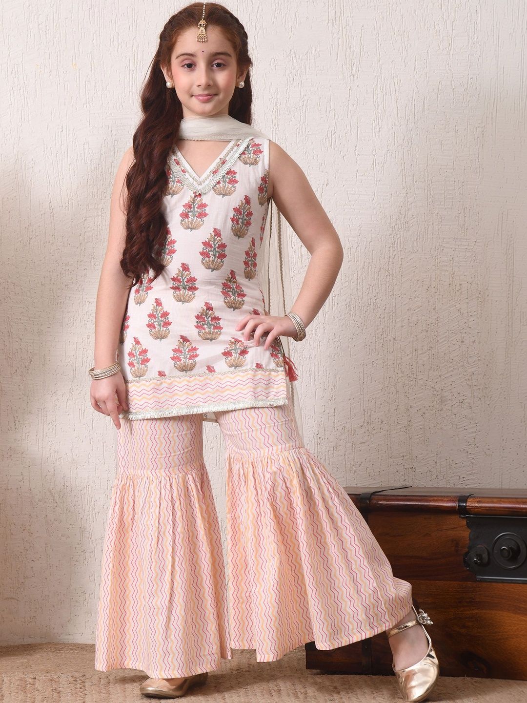 Girls Printed Pure Cotton Round Neck Kurta & Sharara With Dupatta