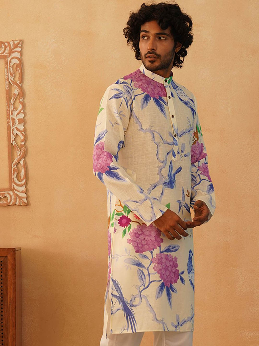 Floral Printed Band Collar Pure Cotton Straight Kurta