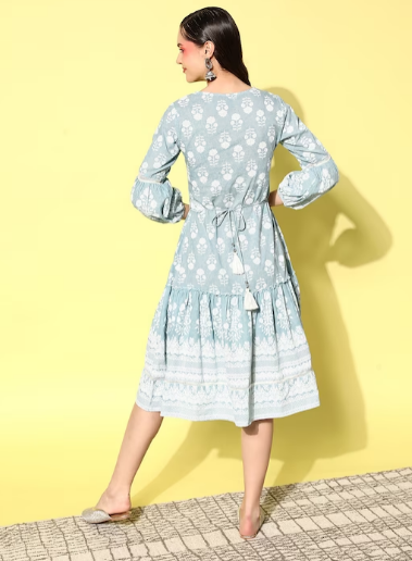 Floral Embroidered Puff Sleeve A-Line Midi Dress