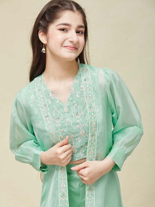 Girls Organza Embroidered Blouse and Kaftan Shrug with Palazzo Set
