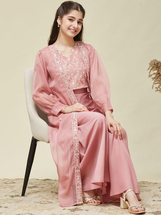 Girls Organza Embroidered Blouse and Kaftan Shrug with Palazzo Set